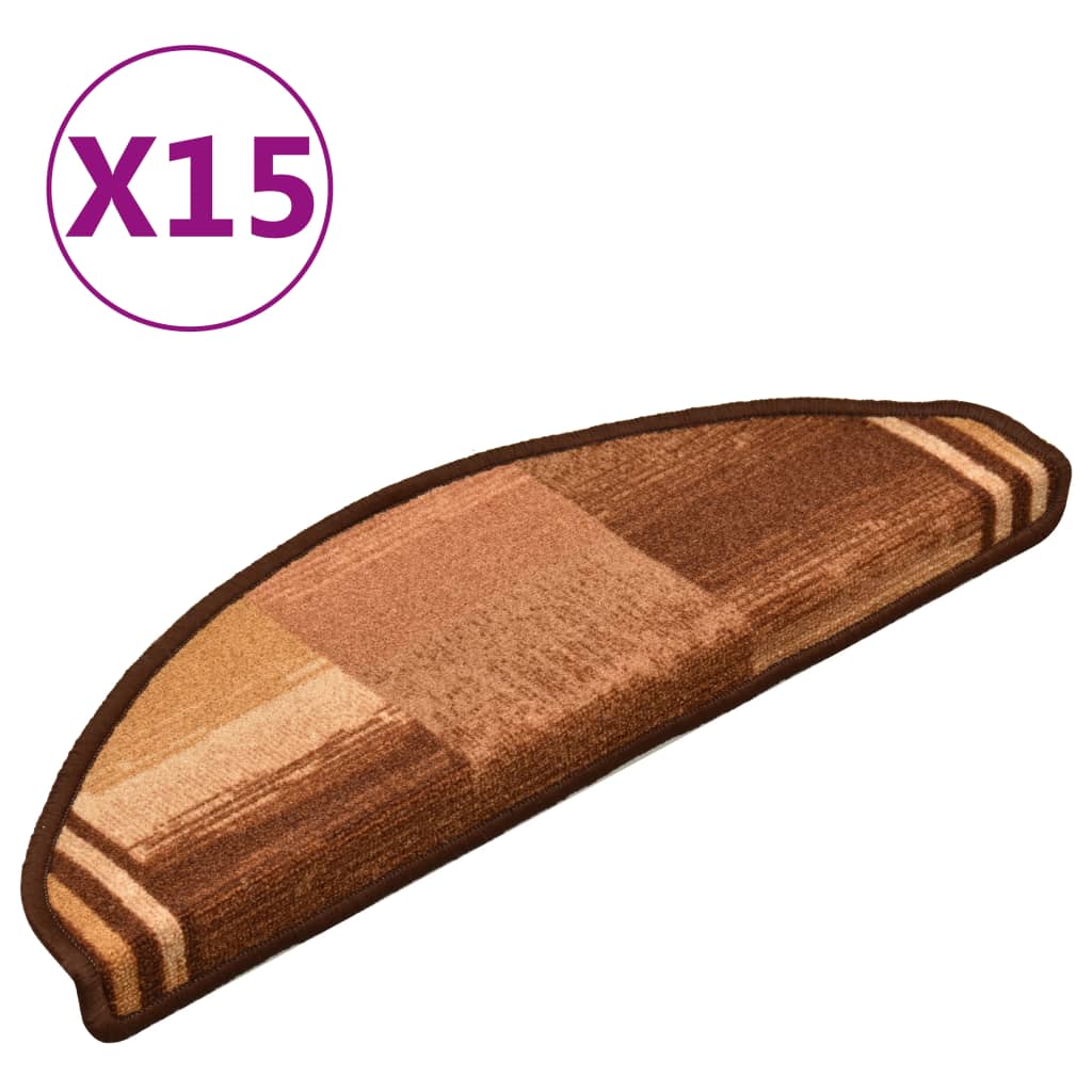 vidaXL kāpņu paklāji, 15 gab., pašlīmējoši, 65x21x4 cm, brūni