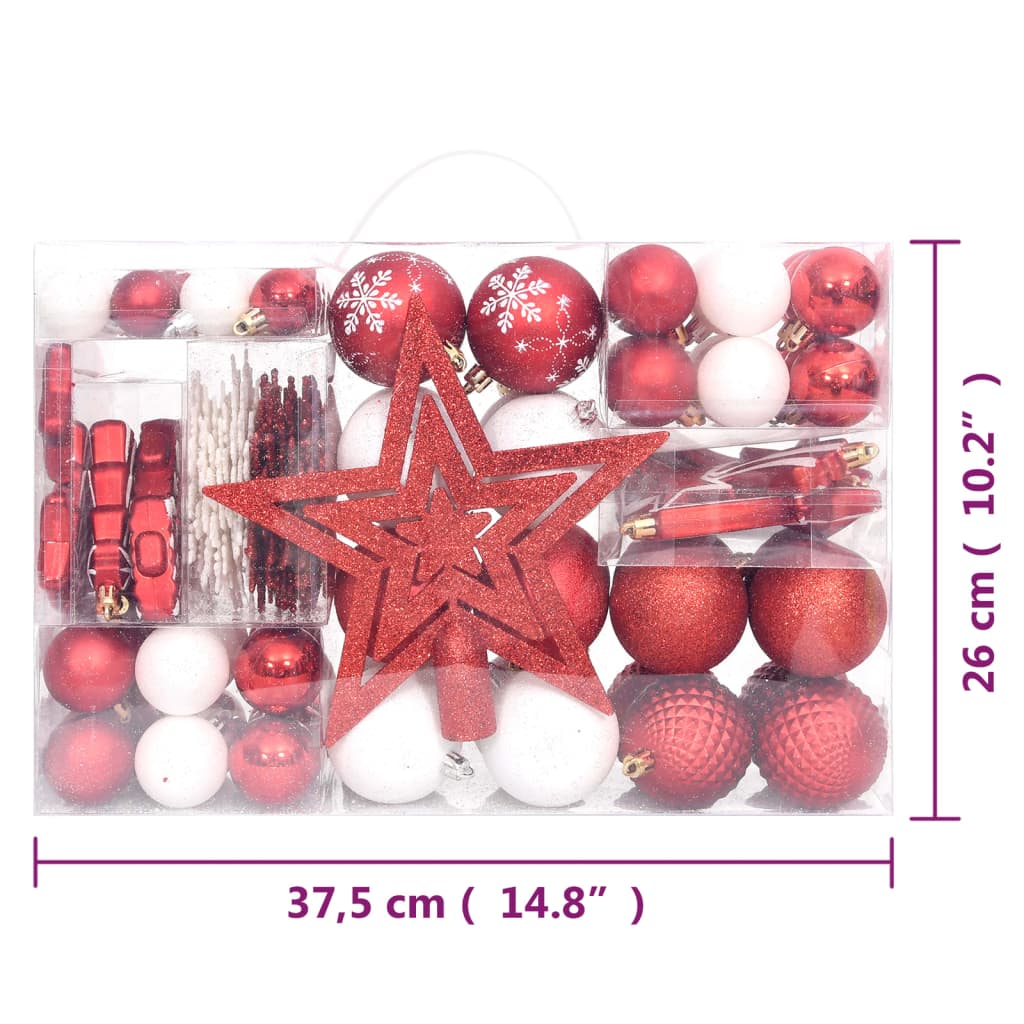 vidaXL Ziemassvētku eglīšu rotājumi, 108 gab., sarkani un balti