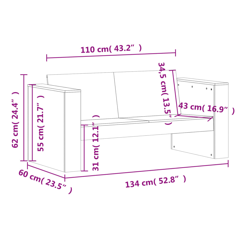 vidaXL divvietīgs dārza dīvāns, 134x60x62 cm, vaska brūns priedes koks
