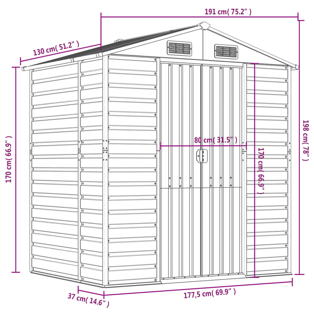 vidaXL dārza šķūnis, gaiši brūns, 191x130x198 cm, cinkots tērauds