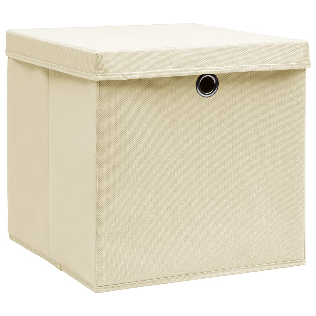 vidaXL uzglabāšanas kastes ar vāku, 10 gab., krēmkrāsas, 32x32x32 cm