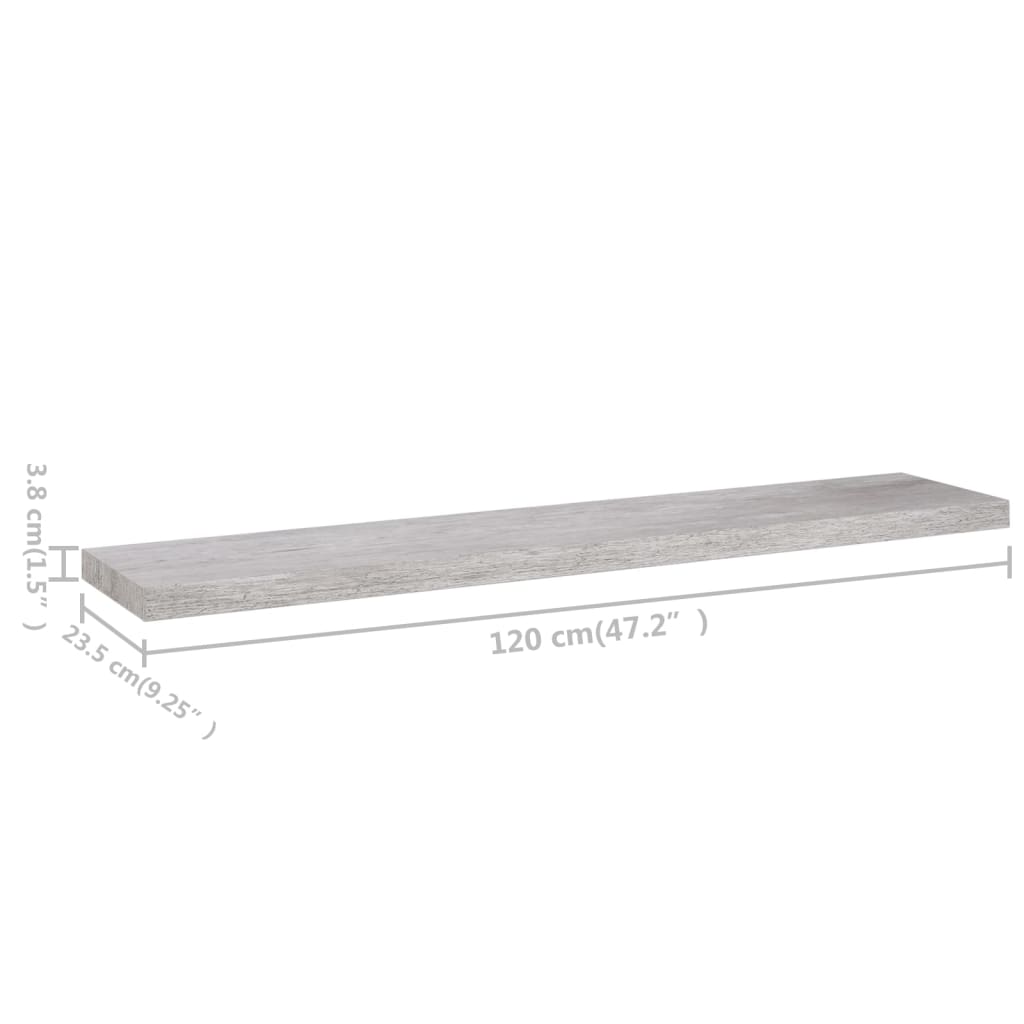 vidaXL sienas plaukts, betona pelēks, 120x23,5x3,8 cm, MDF