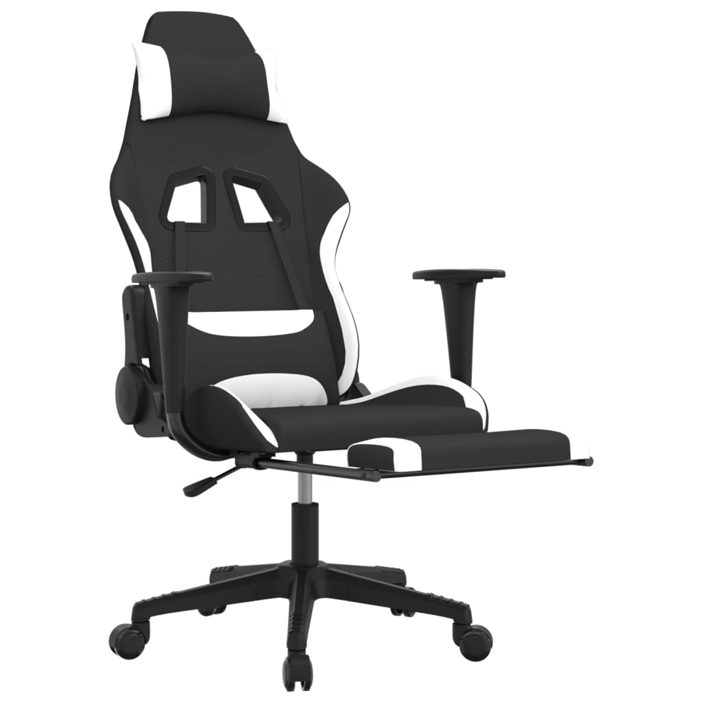 vidaXL masāžas datorspēļu krēsls ar kāju balstu, melns un balts audums
