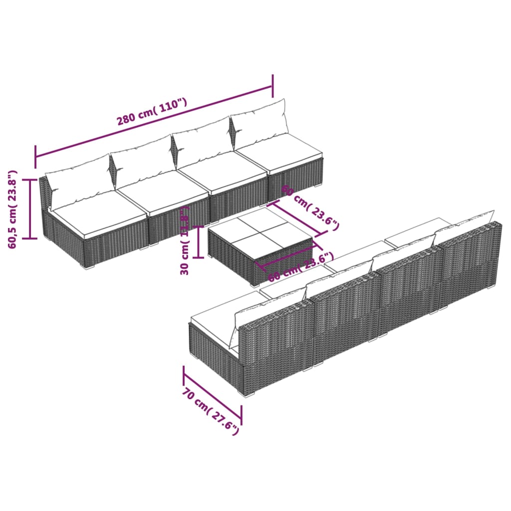 vidaXL 9-daļīgs dārza mēbeļu komplekts, matrači, melna PE rotangpalma