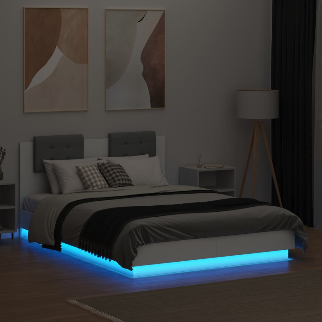 vidaXL gultas rāmis ar galvgali un LED, balts, 120x190 cm