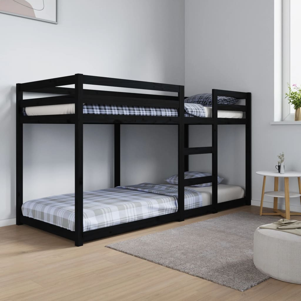 vidaXL divstāvu gulta, melna, 80x200 cm, priedes masīvkoks