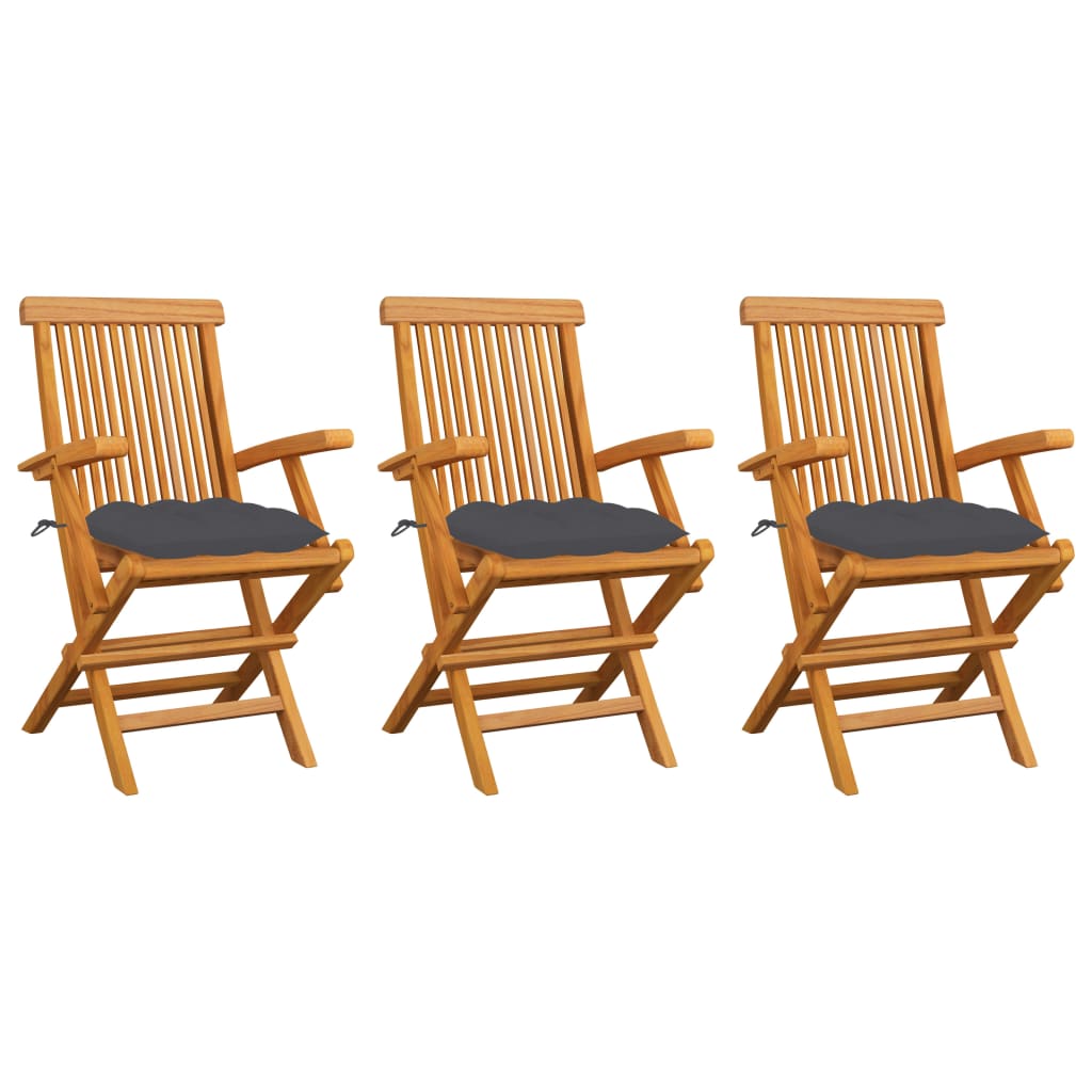 vidaXL dārza krēsli, antracītpelēki matrači, 3 gab., masīvs tīkkoks