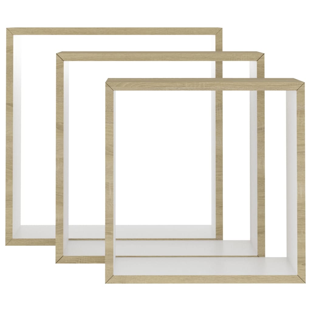 vidaXL kuba formas sienas plaukti, 3 gab., baltā un ozolkoka krāsā