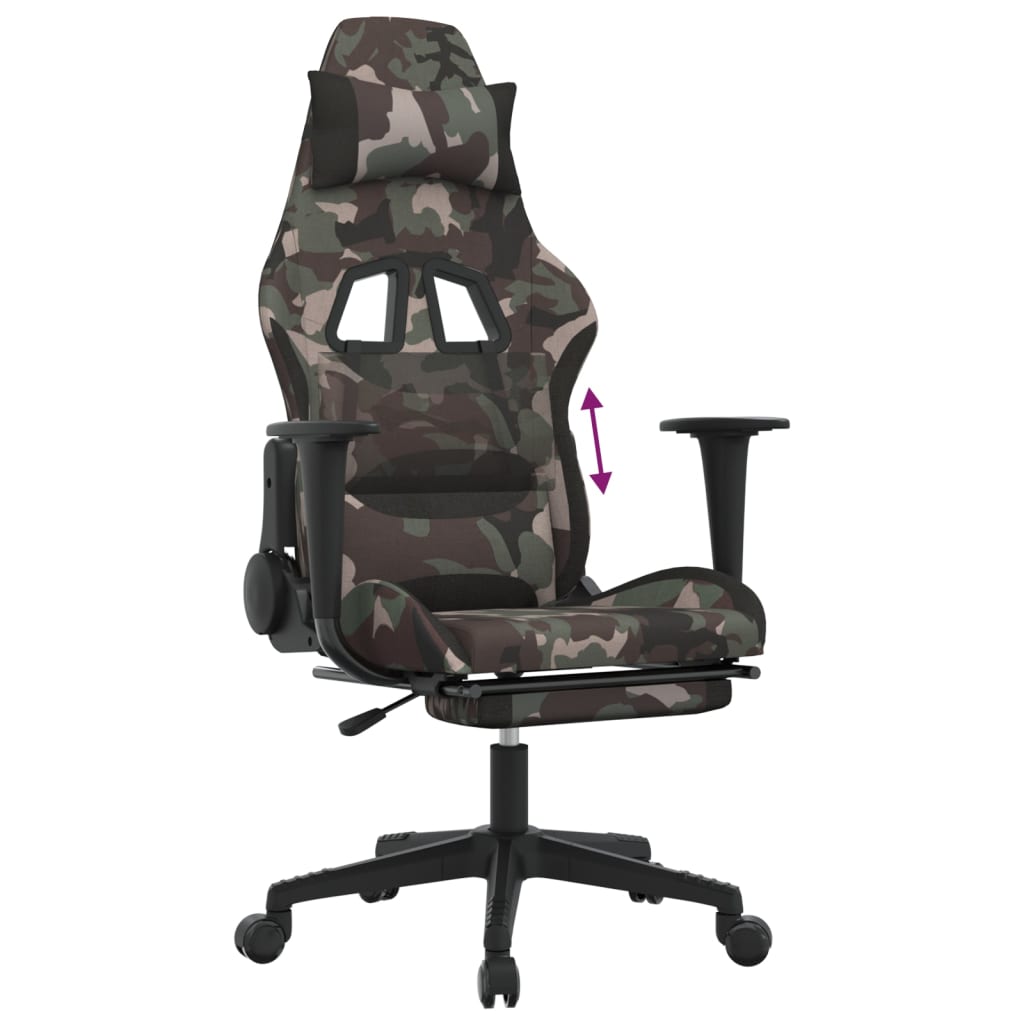 vidaXL datorspēļu krēsls ar kāju balstu, kamuflāžas un melns audums