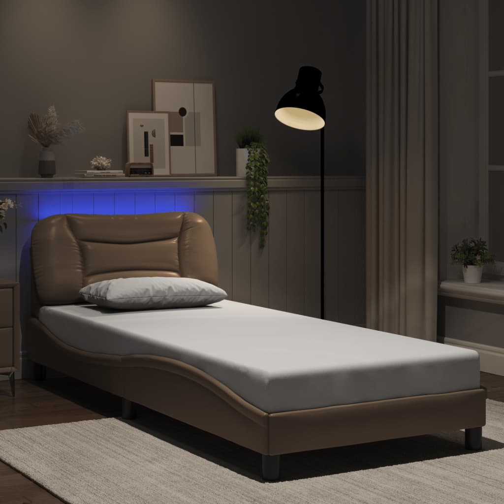 vidaXL gultas rāmis ar LED, kapučīno, 80x200 cm, mākslīgā āda