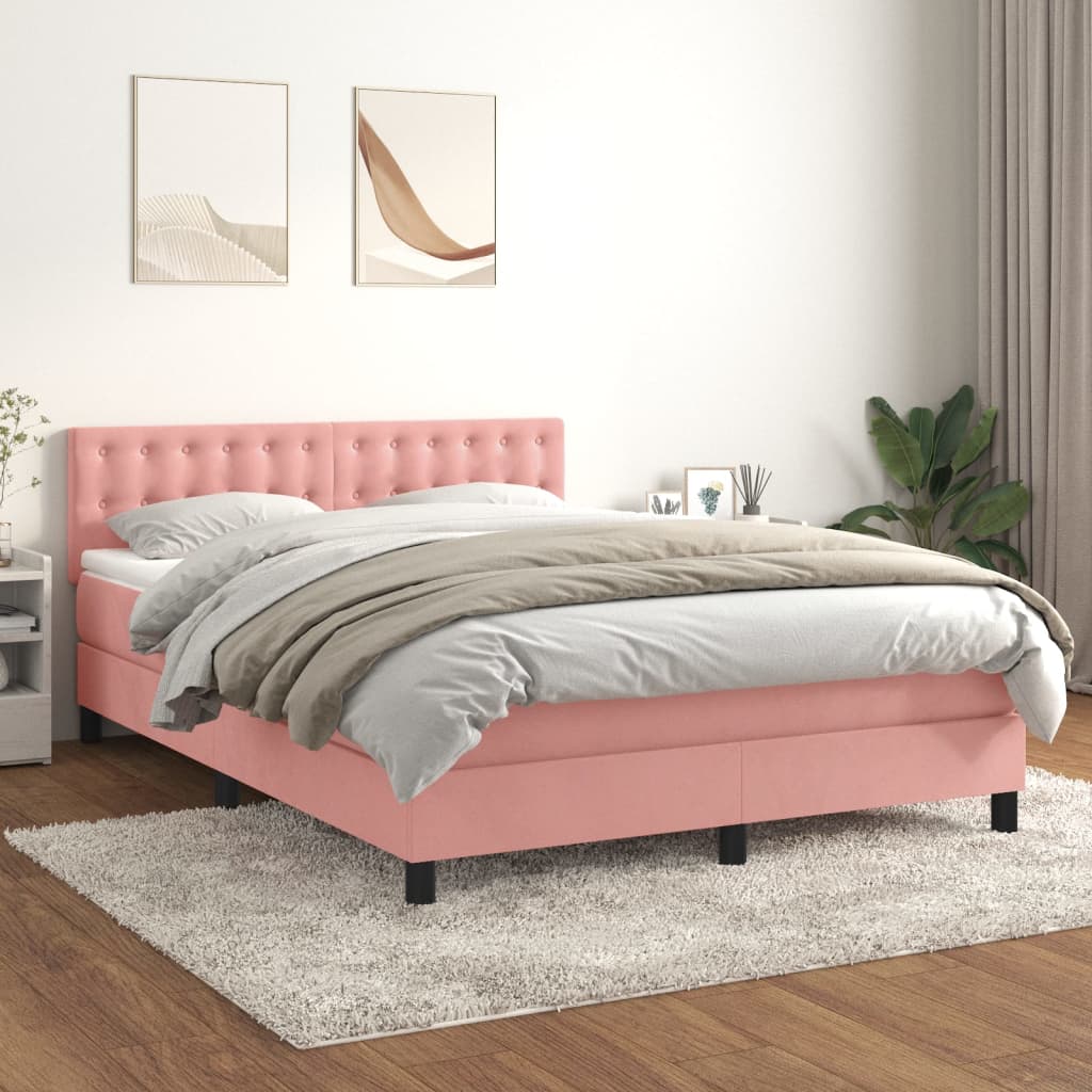 vidaXL atsperu gulta ar matraci, rozā samts, 140x200 cm