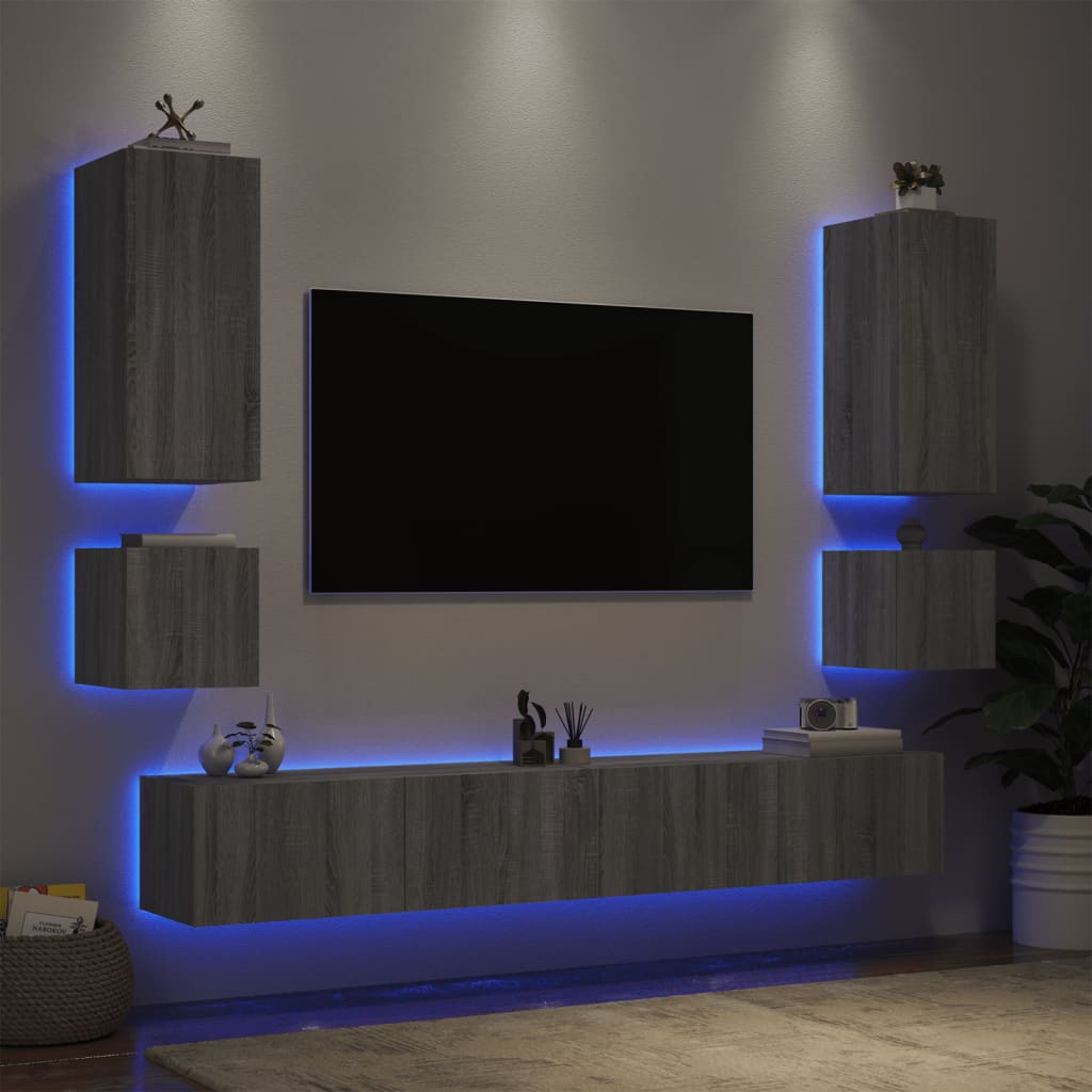 vidaXL TV sienas skapīši ar LED, 6 gab., pelēka ozola