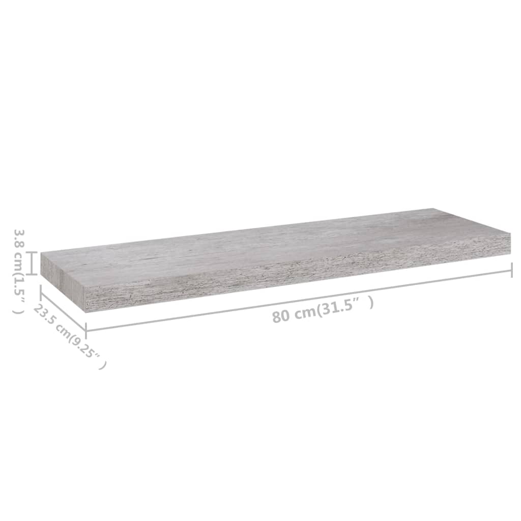 vidaXL sienas plaukti, 2 gab., betona pelēki, 80x23,5x3,8 cm, MDF