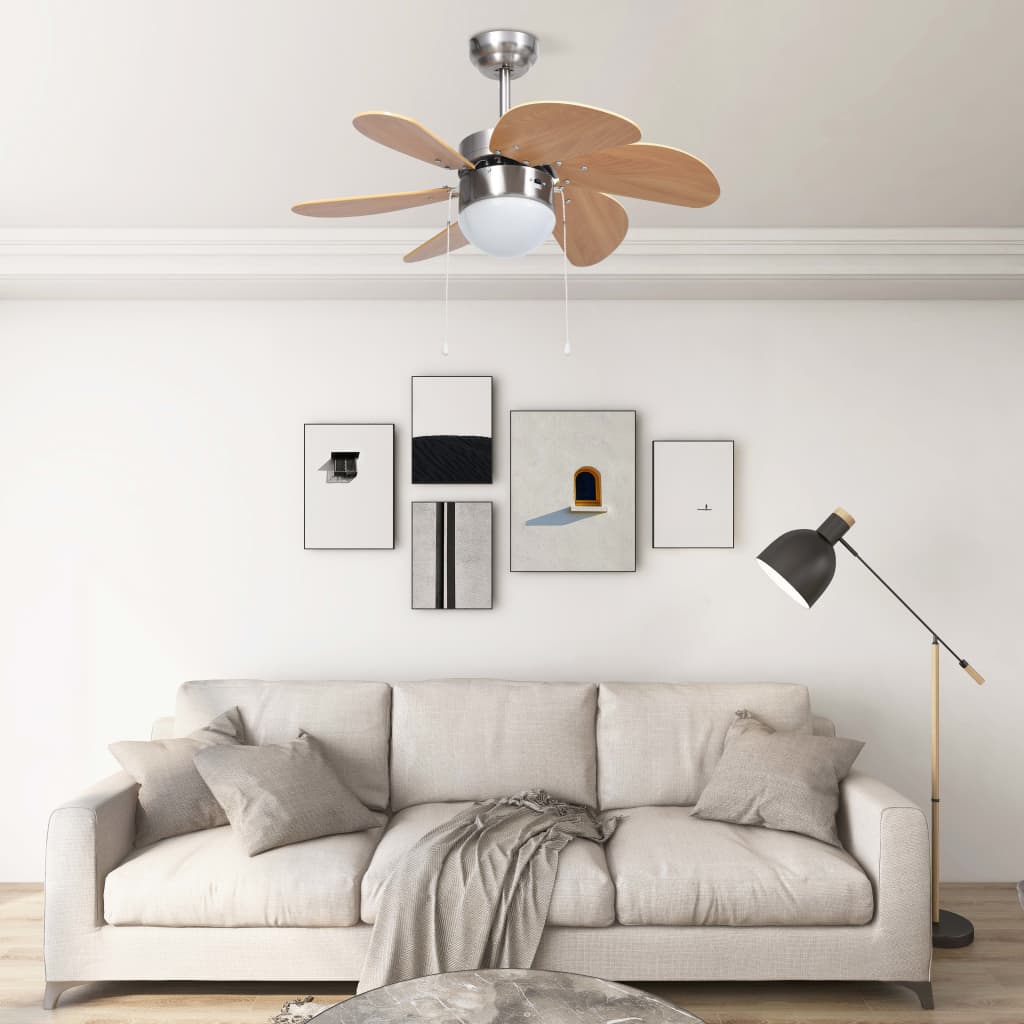 vidaXL griestu ventilators ar lampu, 76 cm, gaiši brūns