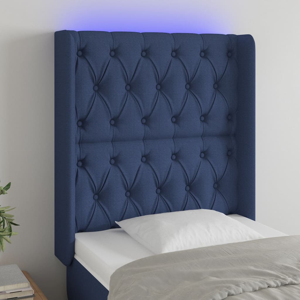 vidaXL gultas galvgalis ar LED, 83x16x118/128 cm, zils audums