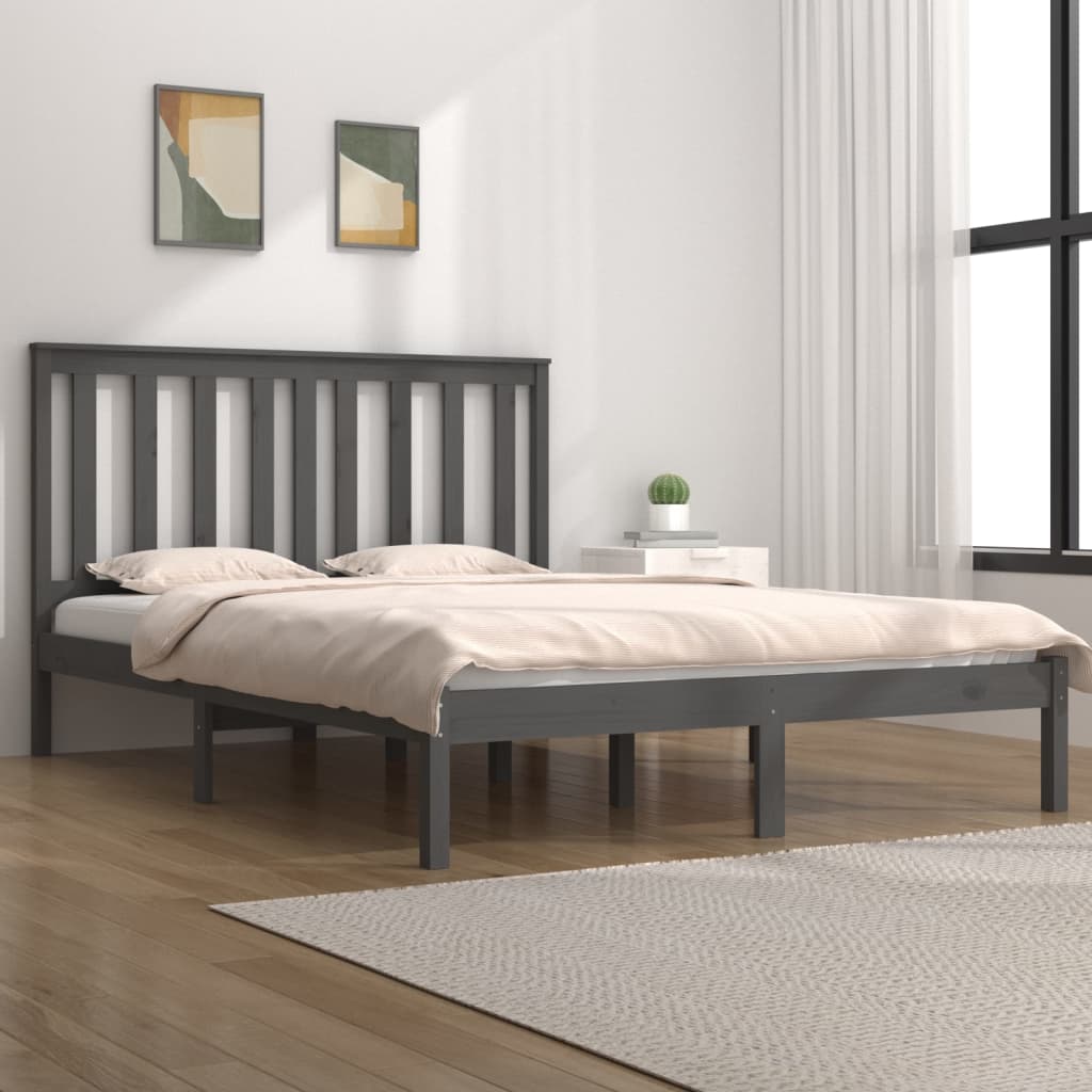 vidaXL gultas rāmis, pelēks, priedes masīvkoks, 140x190 cm