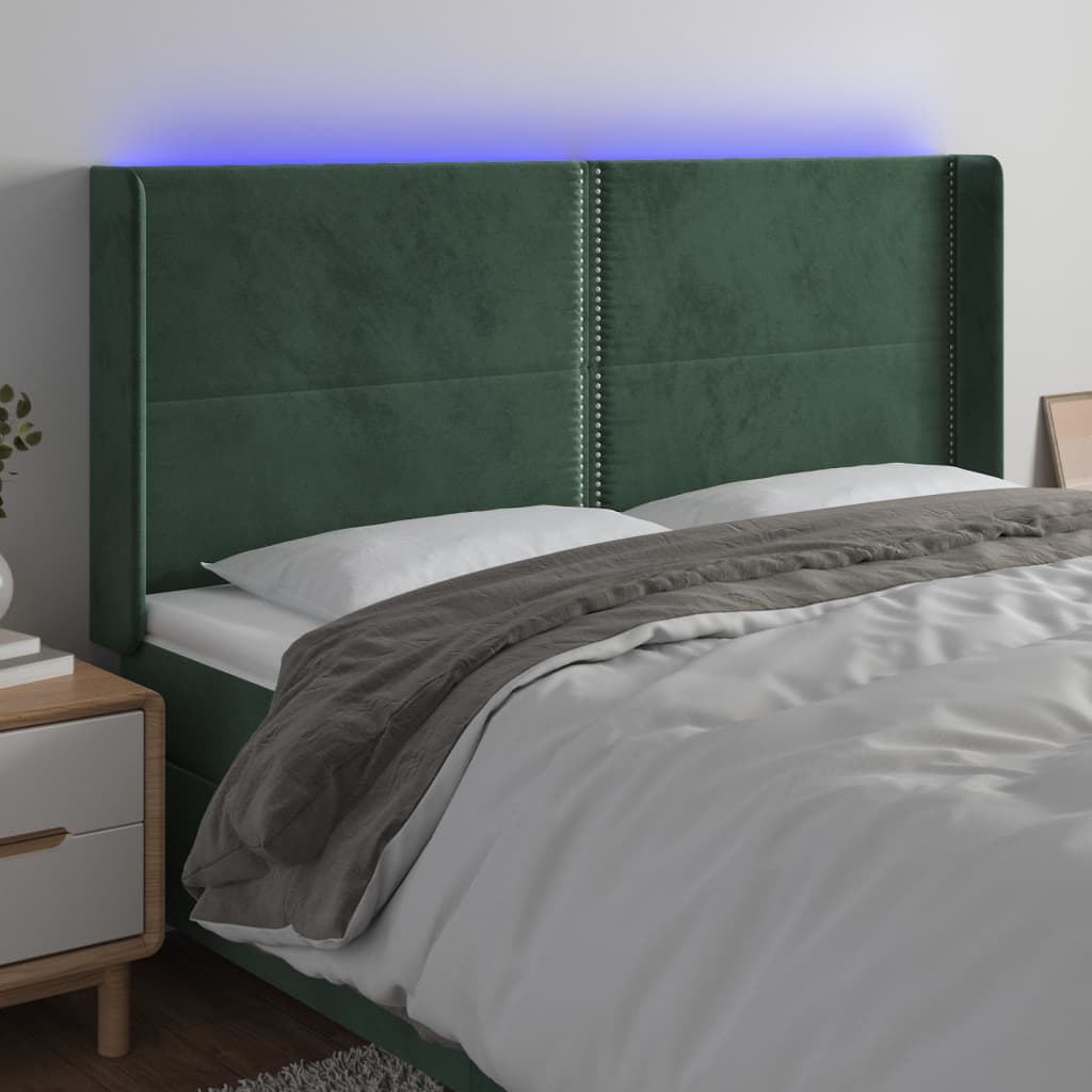 vidaXL gultas galvgalis ar LED, 203x16x118/128 cm, tumši zaļš samts