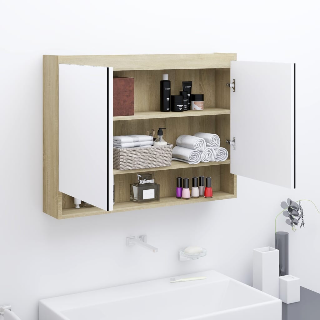 vidaXL vannasistabas skapītis ar spoguli, 80x15x60 cm, balts, ozola