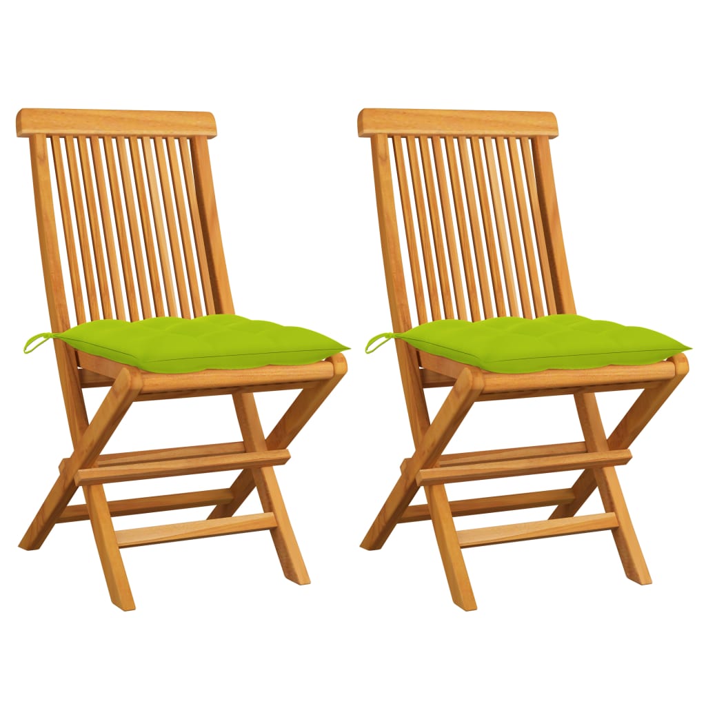 vidaXL dārza krēsli, spilgti zaļi matrači, 2 gab., masīvs tīkkoks
