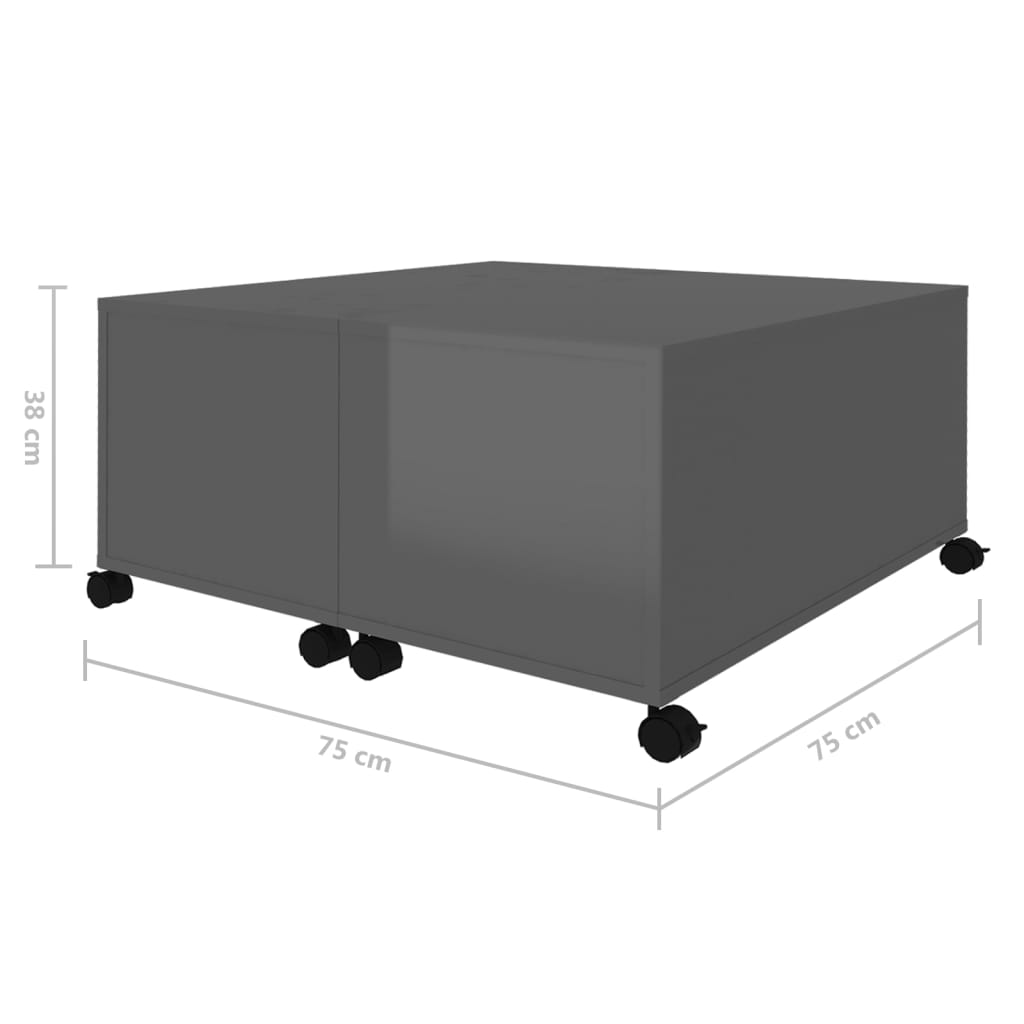 vidaXL kafijas galdiņš, spīdīgi pelēks, 75x75x38 cm, skaidu plāksne