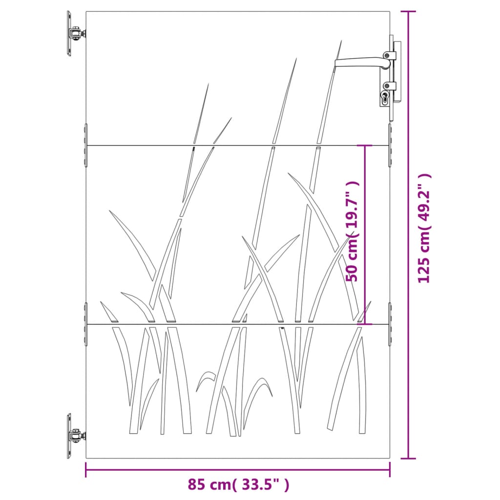 vidaXL dārza vārti, 85x125 cm, tērauds ar rūsas efektu, zāles dizains