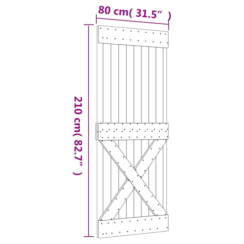 vidaXL bīdāmās durvis ar stiprinājumiem, 80x210 cm, priedes masīvkoks