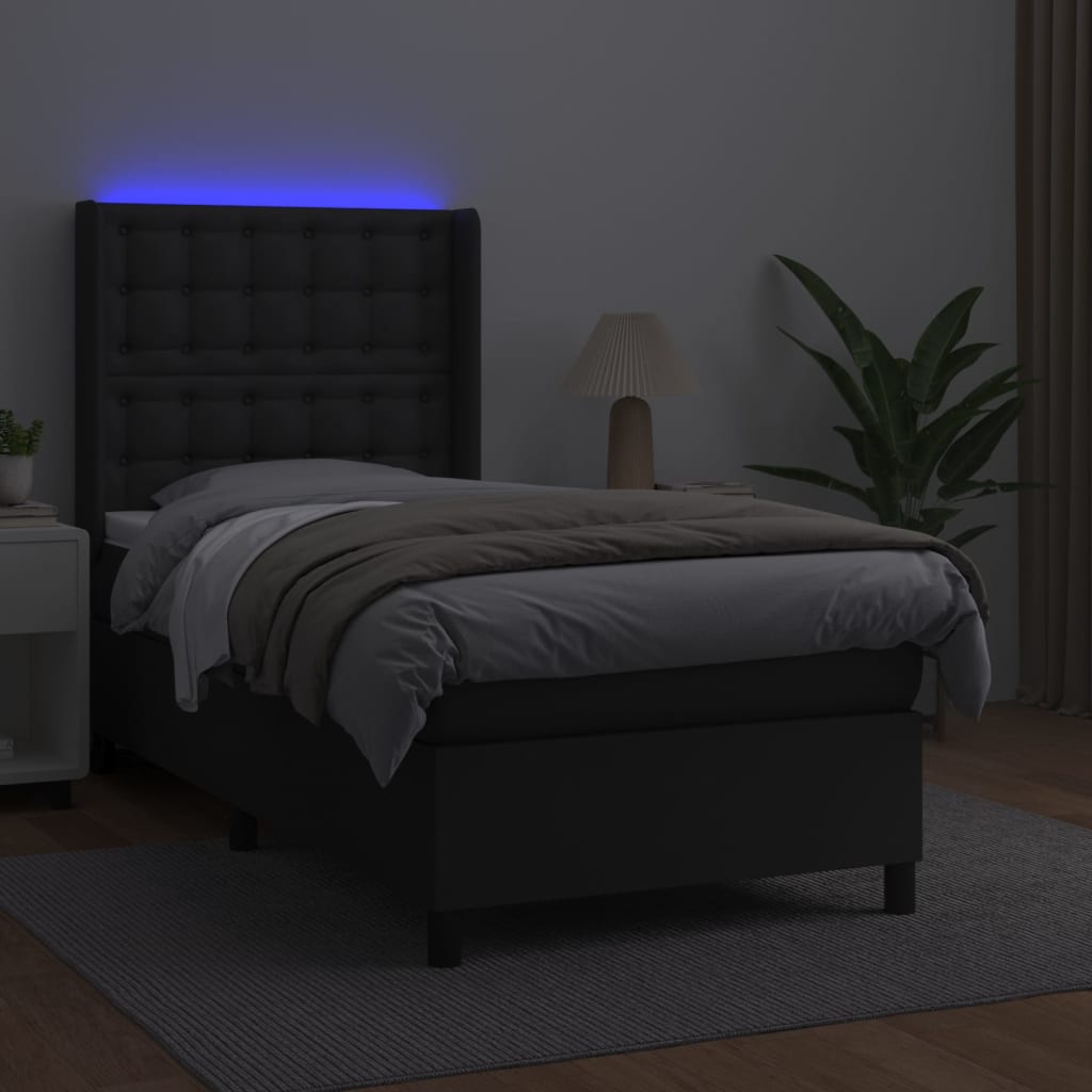 vidaXL atsperu gulta ar matraci, LED, melna, 100x200 cm, mākslīgā āda
