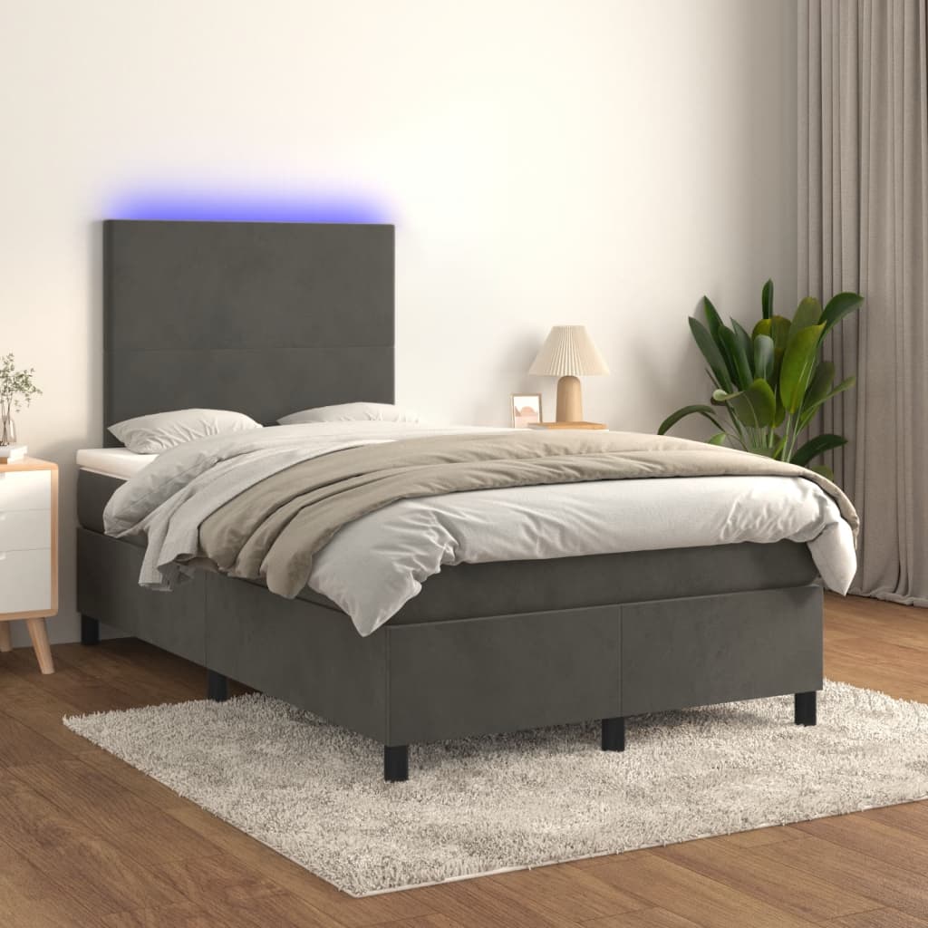 vidaXL atsperu gulta ar matraci, LED, tumši pelēks samts, 120x190 cm