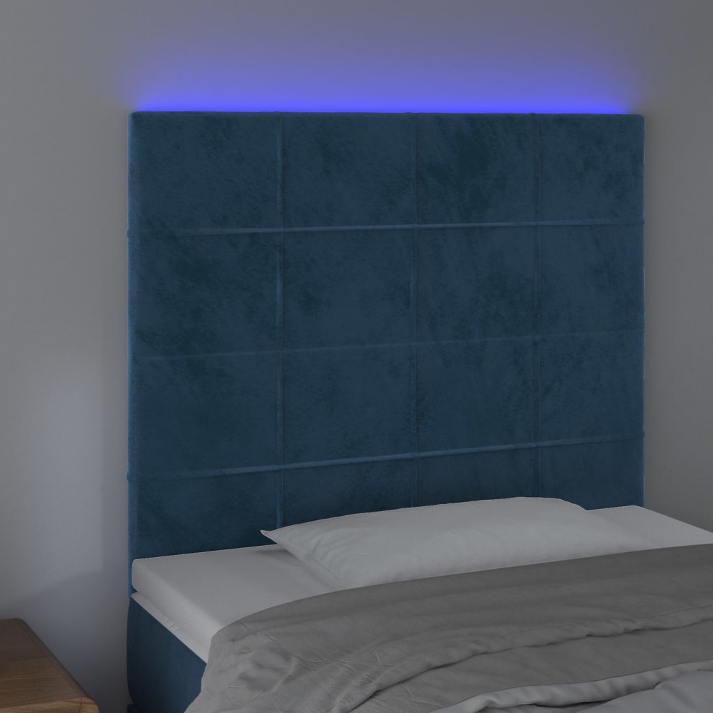 vidaXL gultas galvgalis ar LED, 80x5x118/128 cm, tumši zils samts
