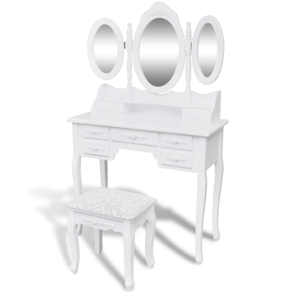 vidaXL spoguļgaldiņš ar soliņu un 3 spoguļiem, balts