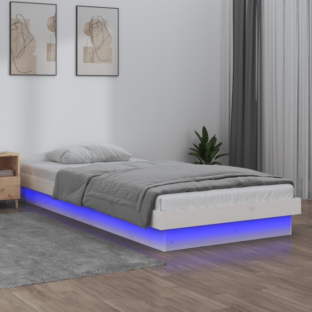 vidaXL gultas rāmis, LED, balts, 90x200 cm, masīvkoks