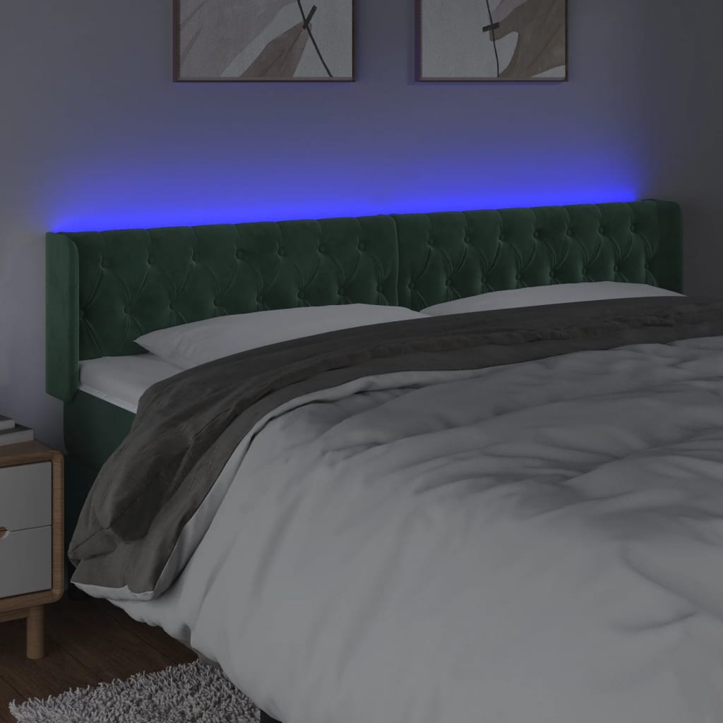 vidaXL gultas galvgalis ar LED, 203x16x78/88 cm, tumši zaļš samts
