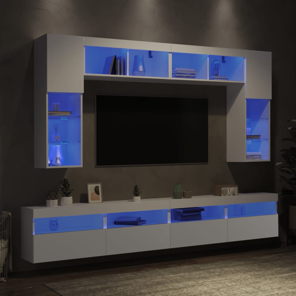 vidaXL TV sienas skapīši ar LED, 8 gab., balti