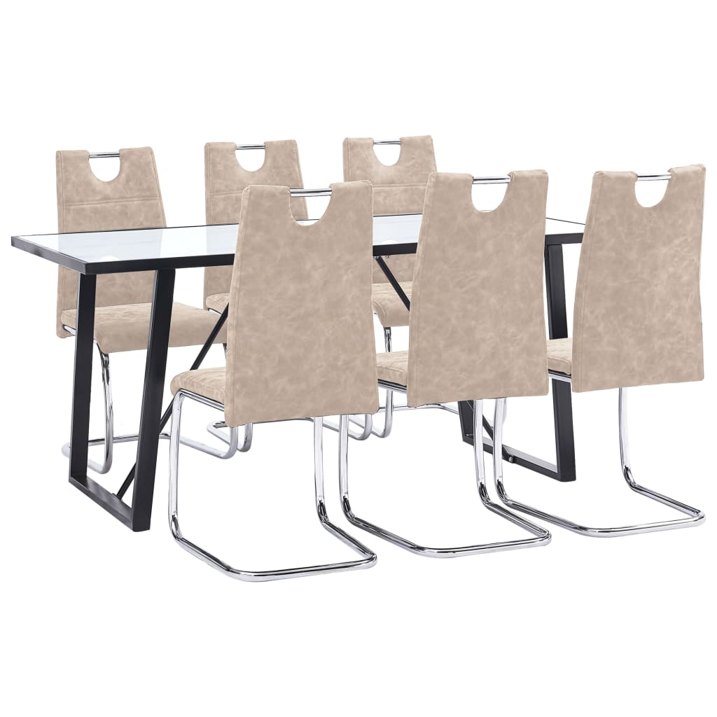 vidaXL virtuves galds un 6 krēsli, krēmkrāsas mākslīgā āda