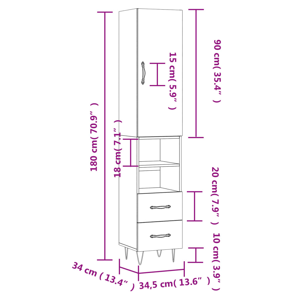 vidaXL augstais skapītis, ozolkoka, 34,5x34x180 cm, inženierijas koks