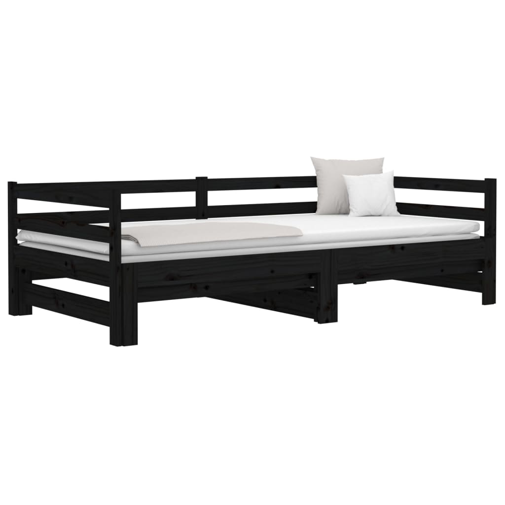 vidaXL izvelkama gulta, melna, 2x(90x190) cm, priedes masīvkoks