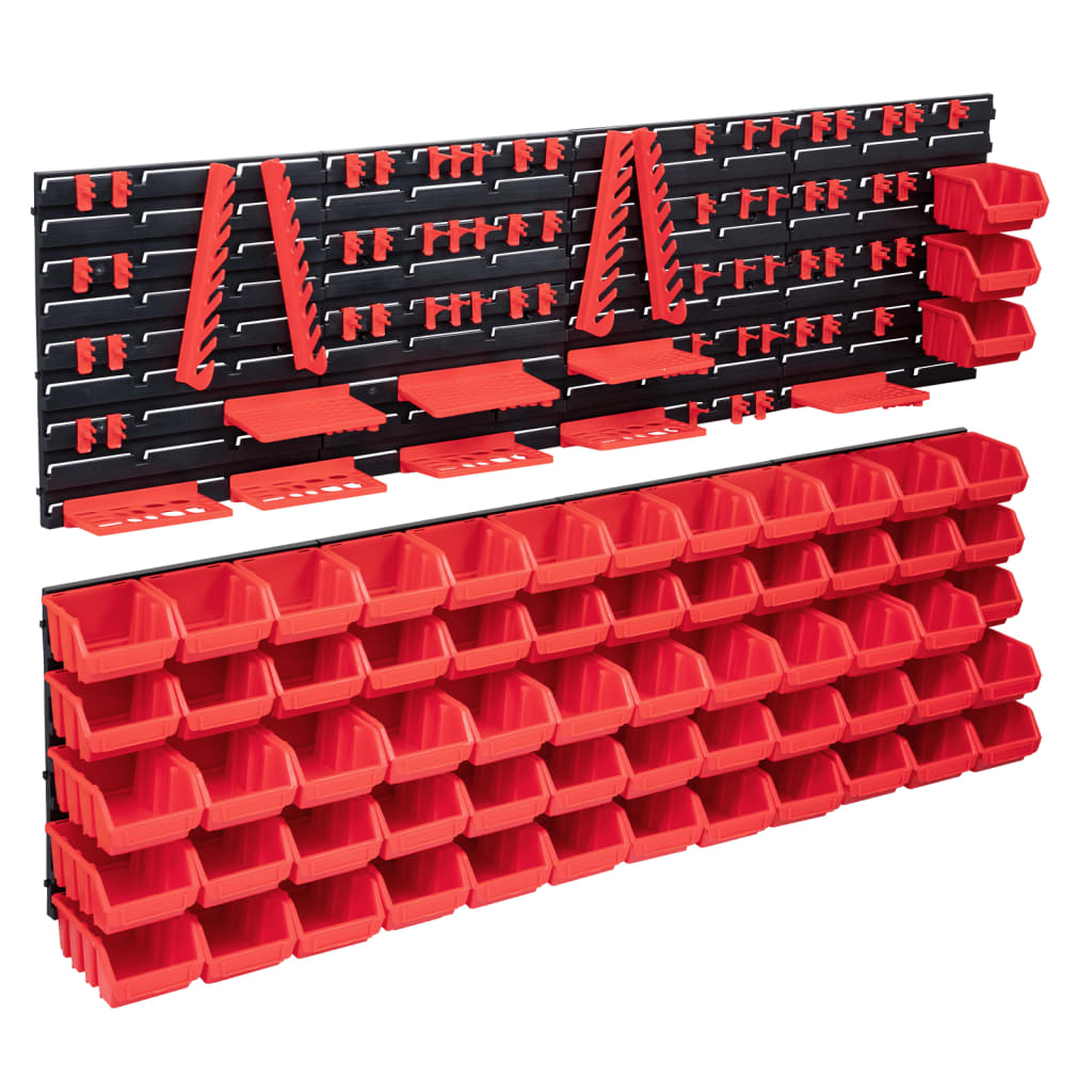 vidaXL 141-daļīgs sienas plaukts ar kastēm un paneļiem, melns, sarkans