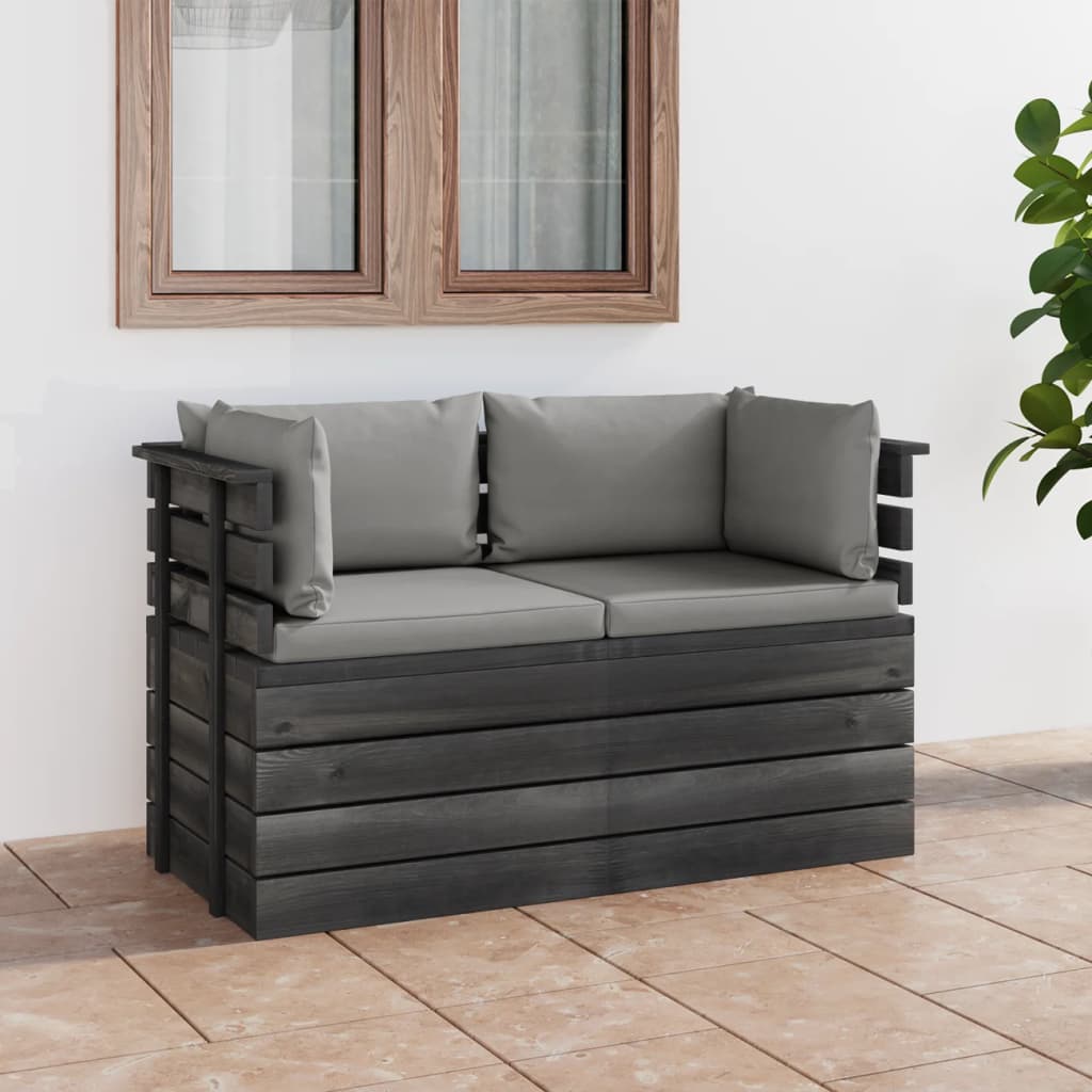 vidaXL 2-vietīgs dārza palešu dīvāns ar matračiem, priedes masīvkoks