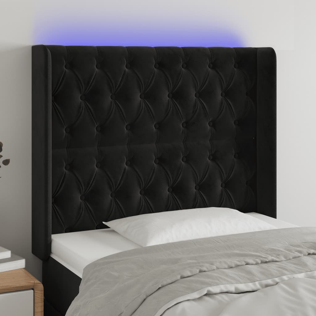vidaXL gultas galvgalis ar LED, 103x16x118/128 cm, melns samts