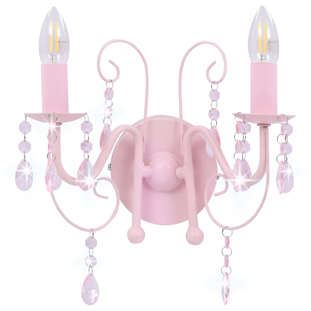 vidaXL sienas lampa ar pērlītēm, rozā, 2 x E14 spuldzes