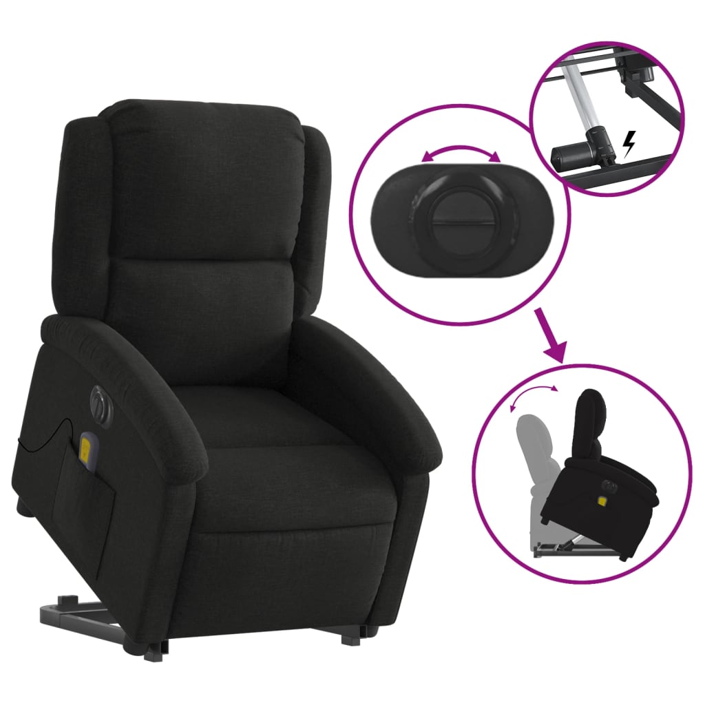 vidaXL elektrisks masāžas krēsls, paceļams, atgāžams, melns audums
