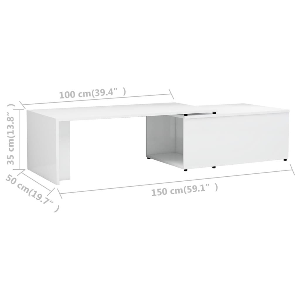 vidaXL kafijas galdiņš, spīdīgi balts, 150x50x35 cm, skaidu plāksne