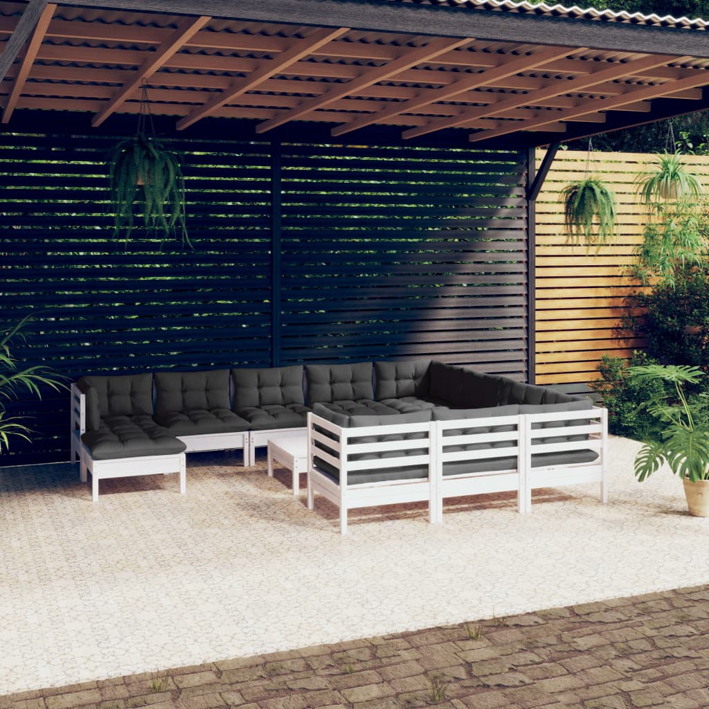 vidaXL 12-daļīgs dārza mēbeļu komplekts ar matračiem, balta priede