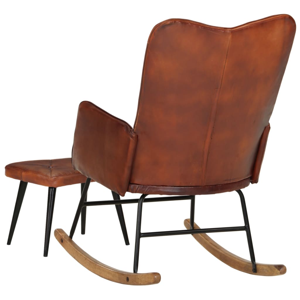 vidaXL šūpuļkrēsls ar kāju balstu, brūna dabīgā āda