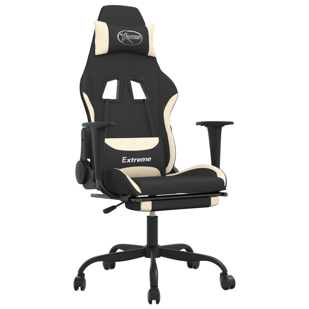 vidaXL masāžas datorspēļu krēsls, kāju balsts, melns/krēmkrāsas audums
