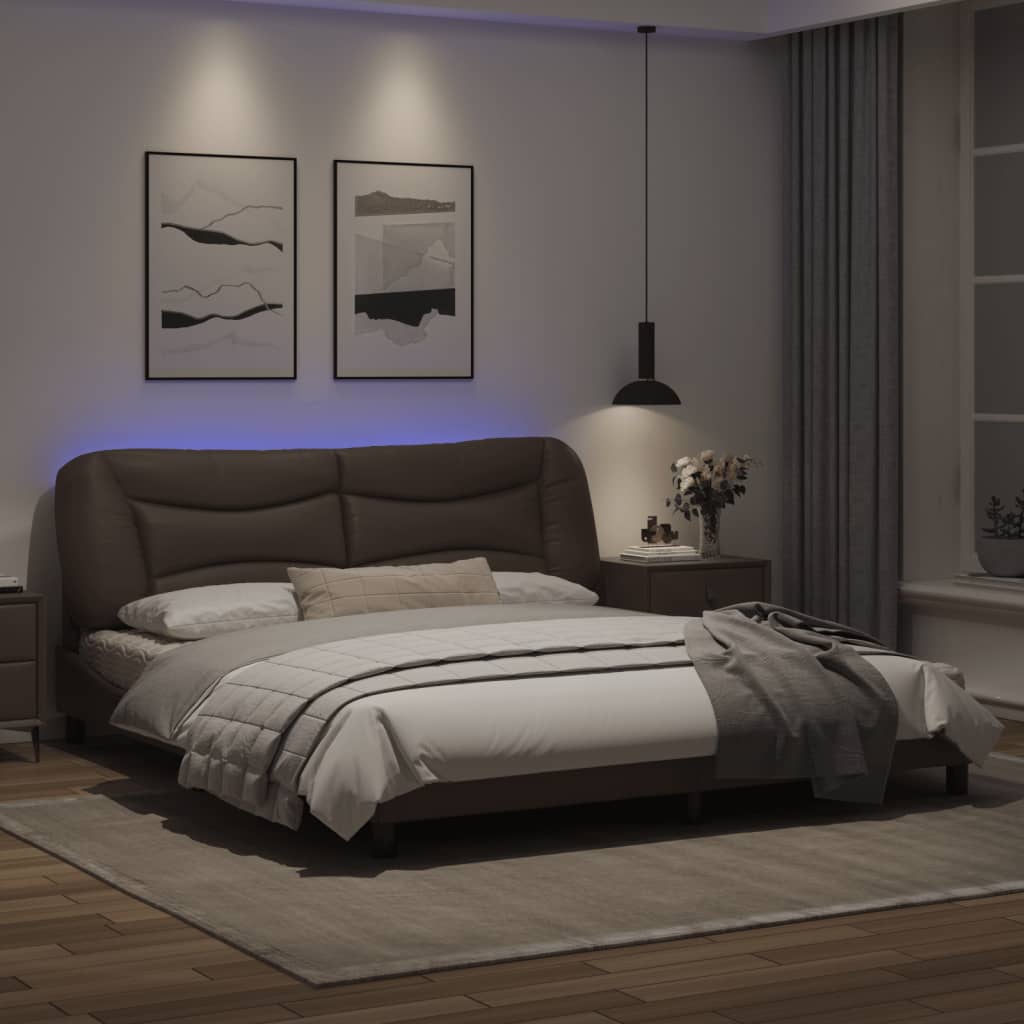 vidaXL gultas rāmis ar LED, brūns, 180x200 cm, mākslīgā āda