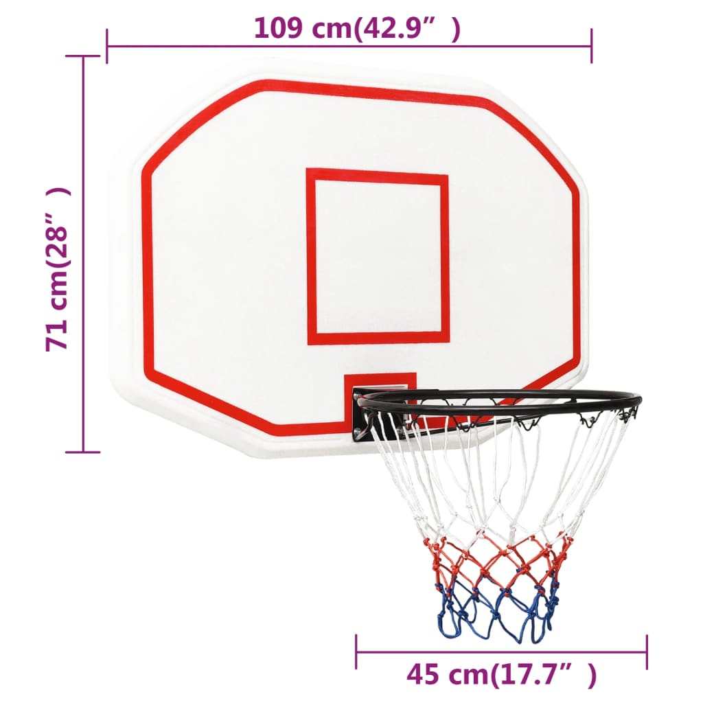 vidaXL basketbola vairogs, balts, 109x71x3 cm, polietilēns