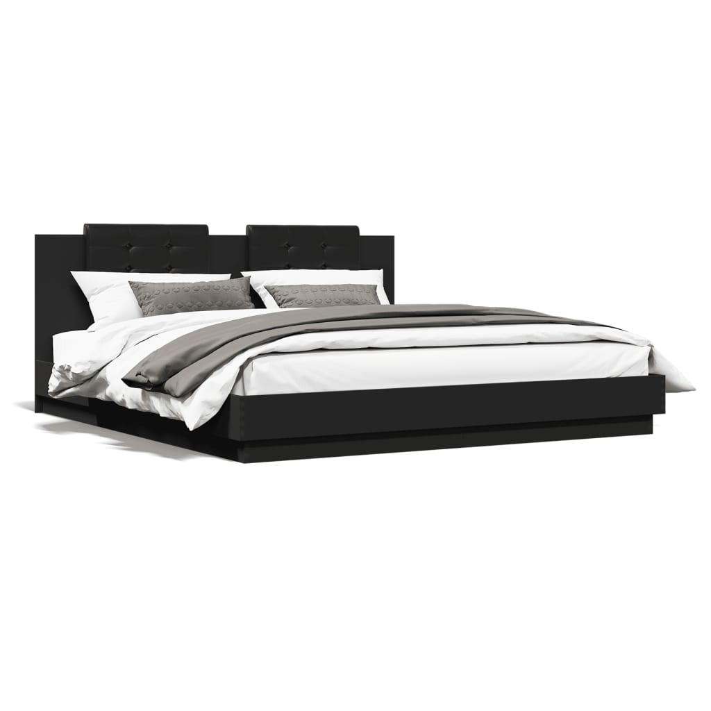 vidaXL gultas rāmis ar galvgali un LED, melns, 200x200 cm