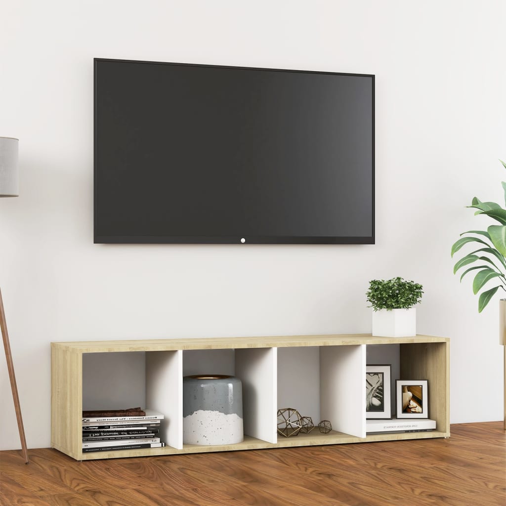 vidaXL TV plaukts, 142,5x35x36,5 cm, ozolkoka, balts, skaidu plāksne