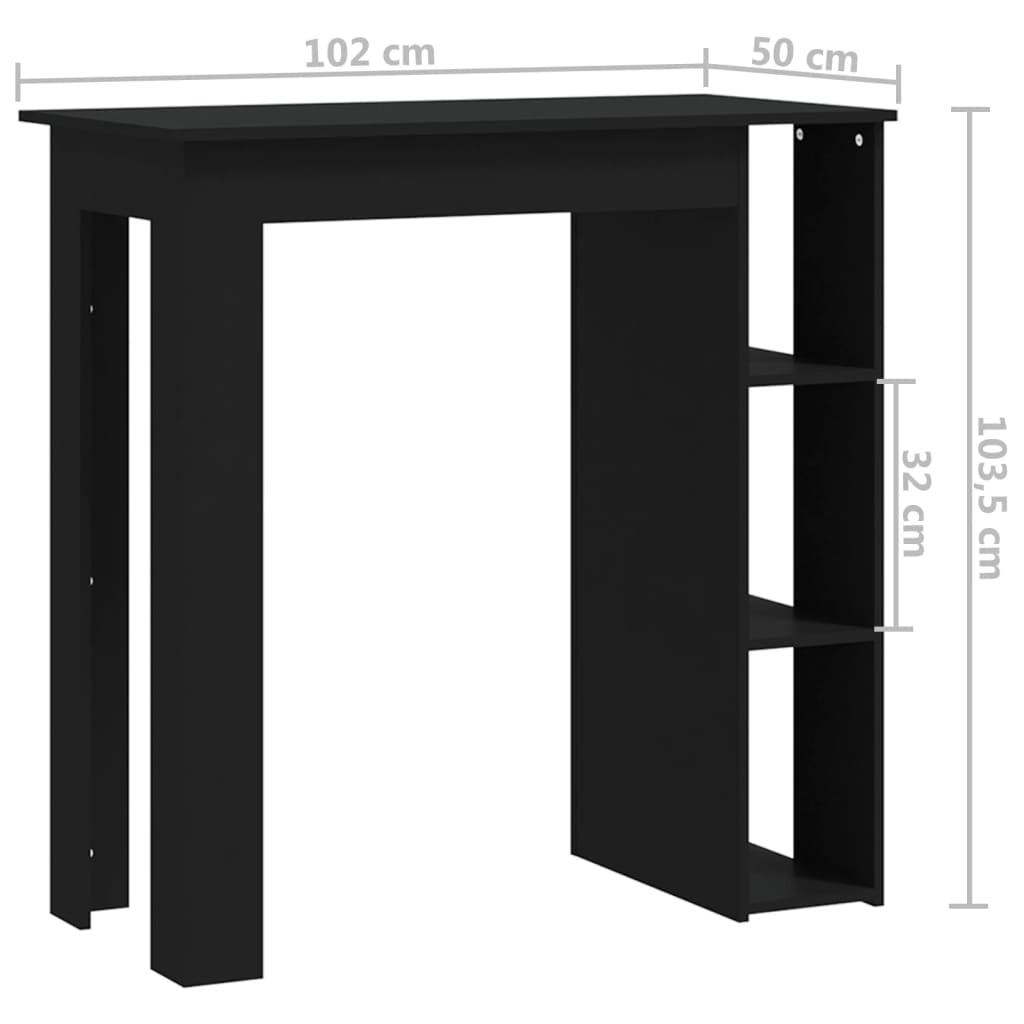 vidaXL bāra galds ar plauktu, melns, 102x50x103,5 cm, skaidu plāksne